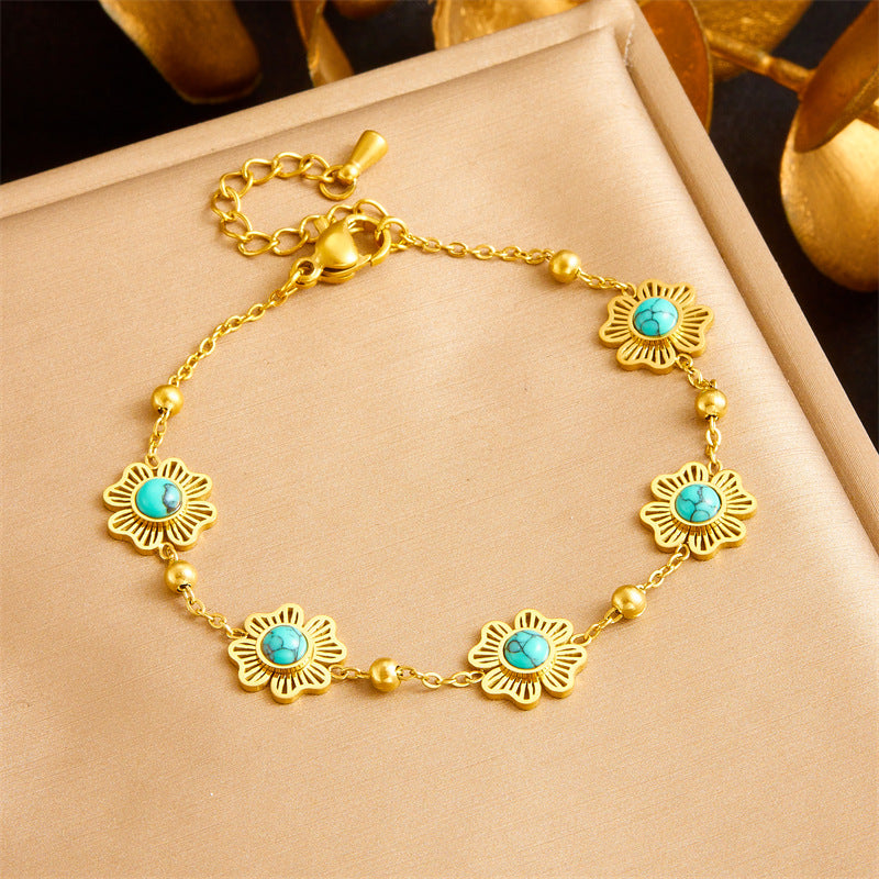 Vintage Gold Plated Stainless Steel Floral Turquoise Jewelry Set for Women