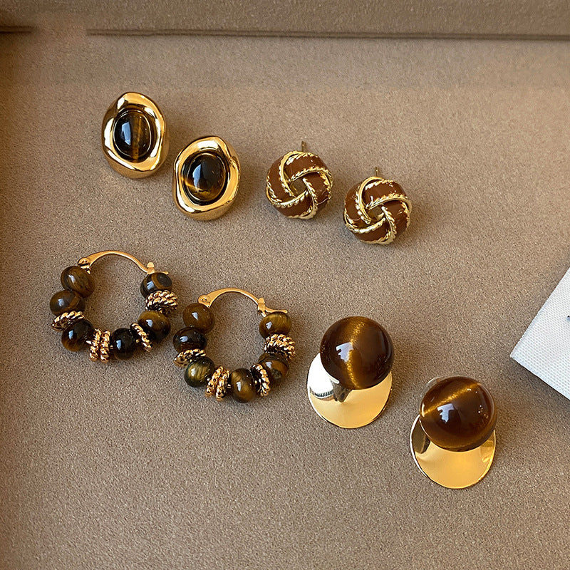 Pendientes de Tachuela de Ojo de Tigre Geométricos Chapados en Cobre para Mujer - Otoño Invierno Retro Minimalista para Uso Diario en la Oficina