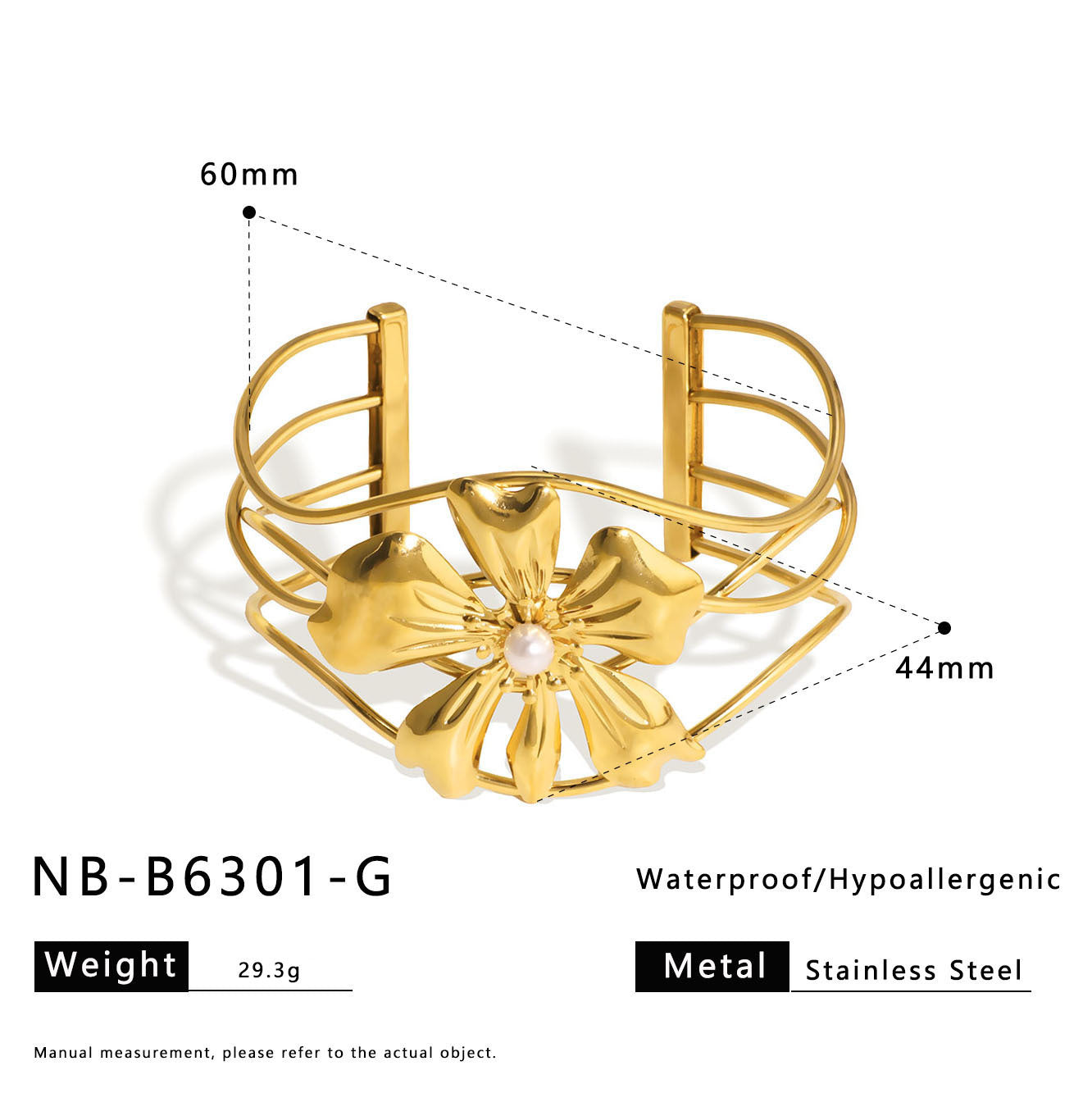 Bracciale a Polsino Floreale Minimalista a Cuore Vuoto in Acciaio Inossidabile con Placcatura in Oro 18K da Donna