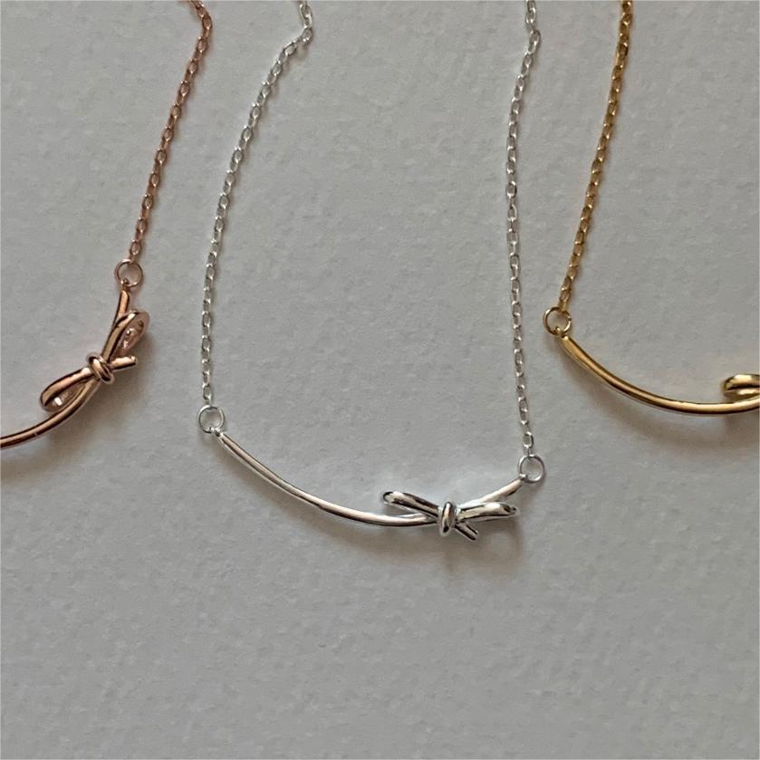 Minimalist Bow Knot Pendant Necklace in 925 Sterling Silver with Plated Finish on Cross Chain for Women