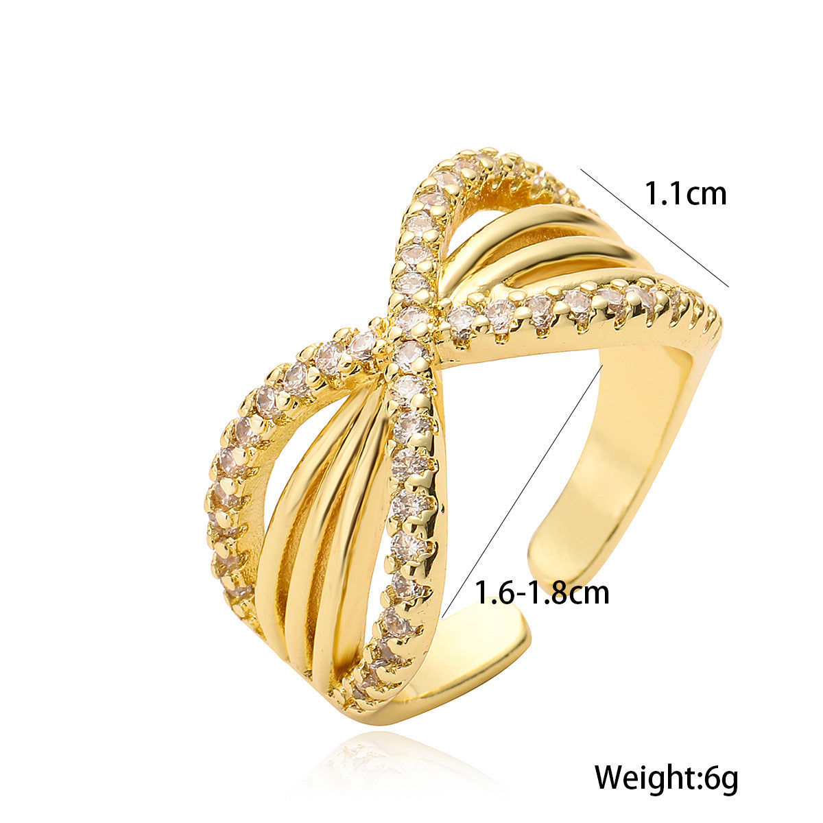 Anello aperto geometrico lussuoso minimalista da donna in ottone placcato oro vero con intarsio di zirconi