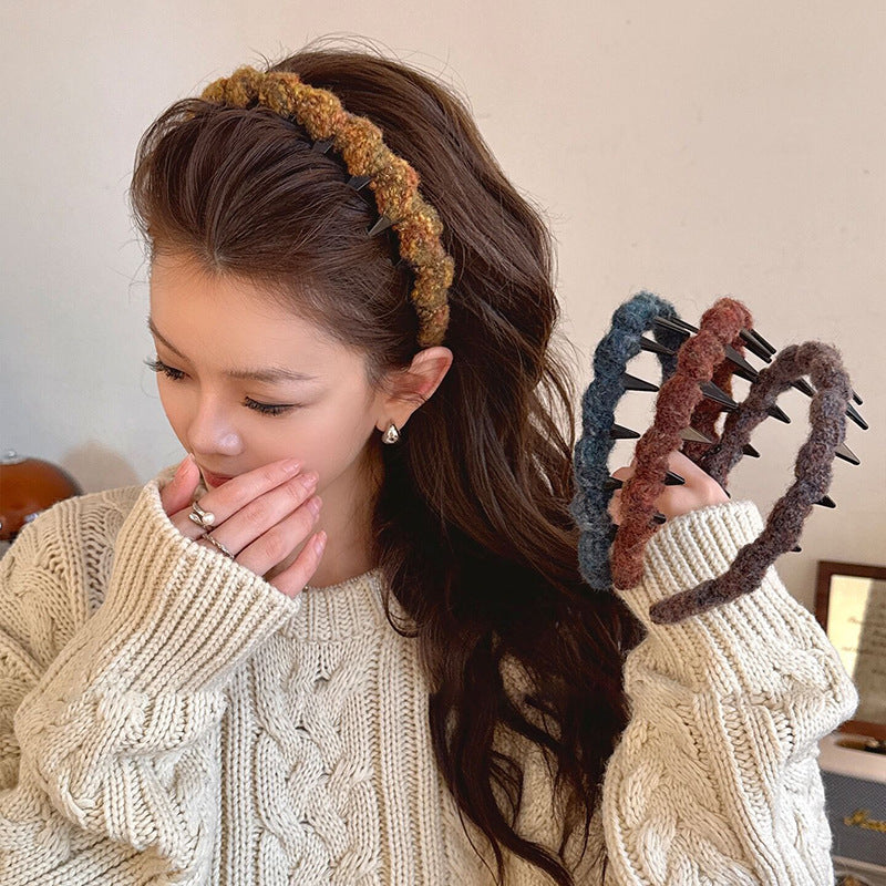 Diadema de punto acrílico con textura Retro Wave para mujer con diseño de corona alta, accesorio de moda hecho a mano para la oficina