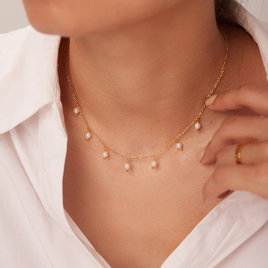 Elegant French-Inspired Pearl Fringe Necklace for Women with Stainless Steel Chain and 18K Gold Plating in Geometric Design