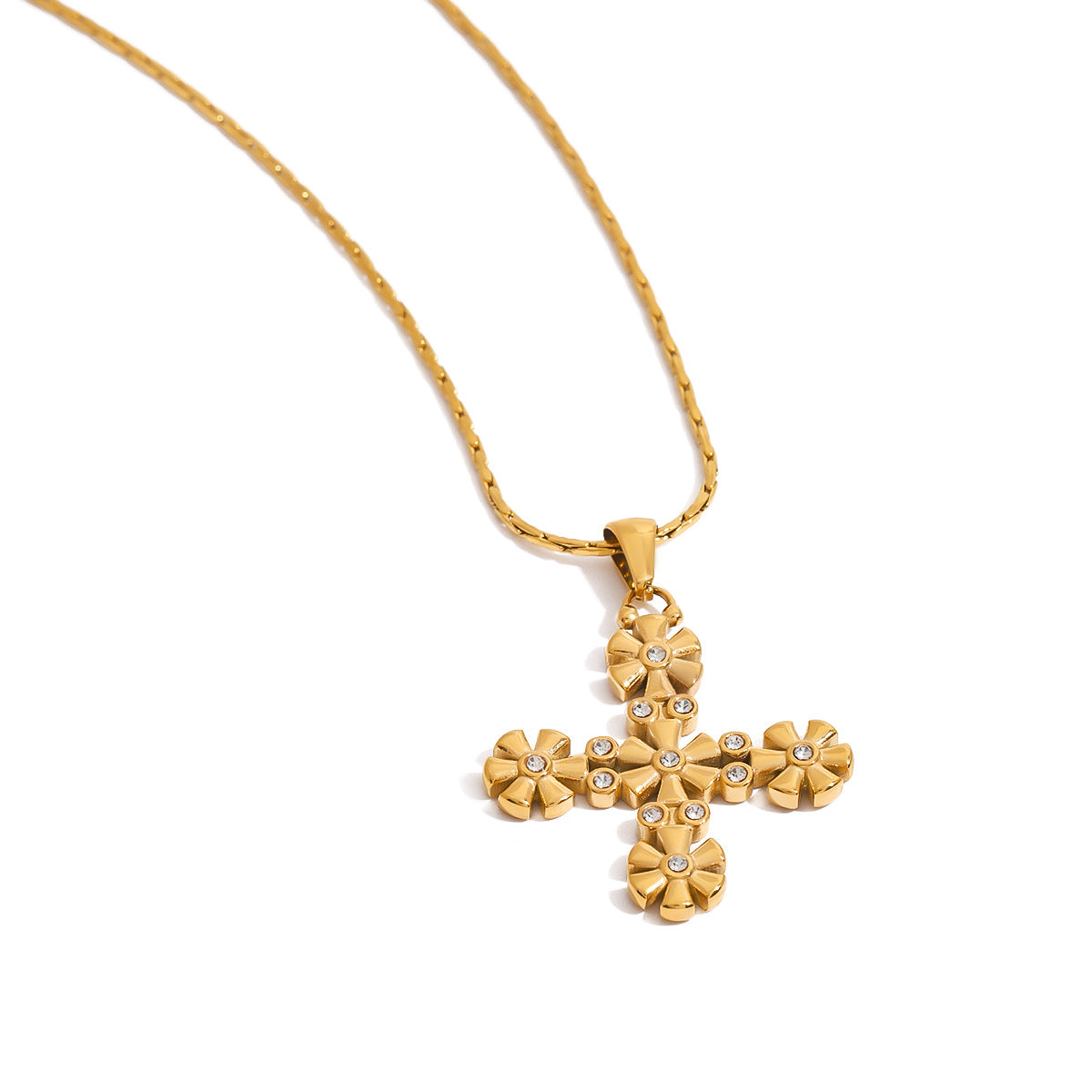 Collana con ciondolo a croce minimalista da donna in acciaio al titanio con placcatura in oro PVD sotto vuoto su catena in acciaio inossidabile
