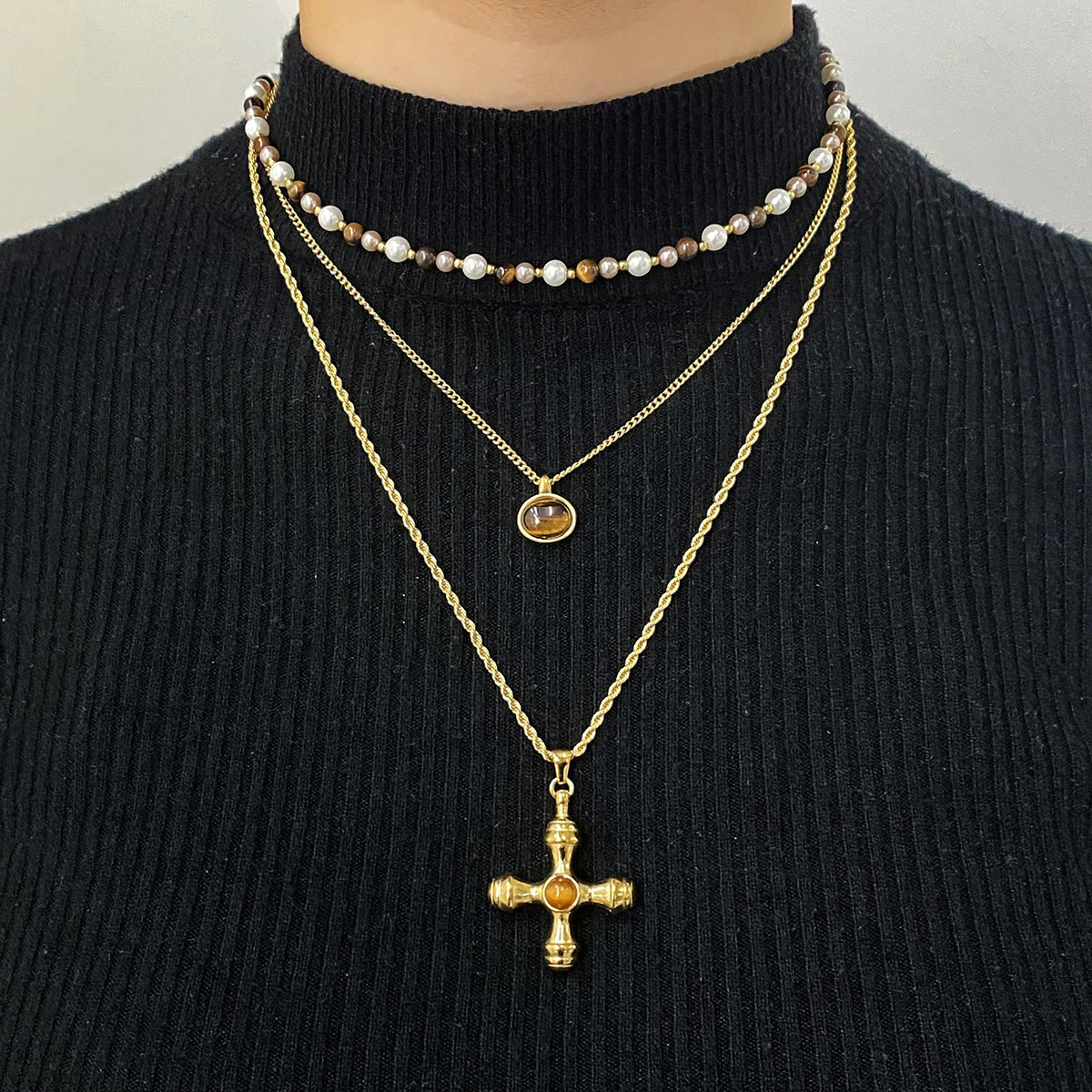 Geometric Tiger Eye Pendant Necklace in Stainless Steel with Plated Finish for Women Minimalist Locket Chain Jewelry