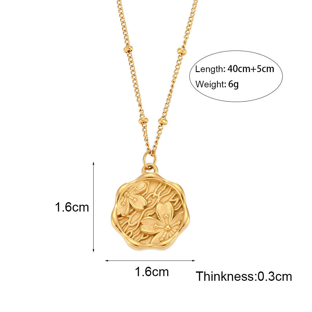 Collana da donna alla moda, vintage, minimalista, con ciondolo a sakura in acciaio inossidabile, finitura lucida e catena di perline