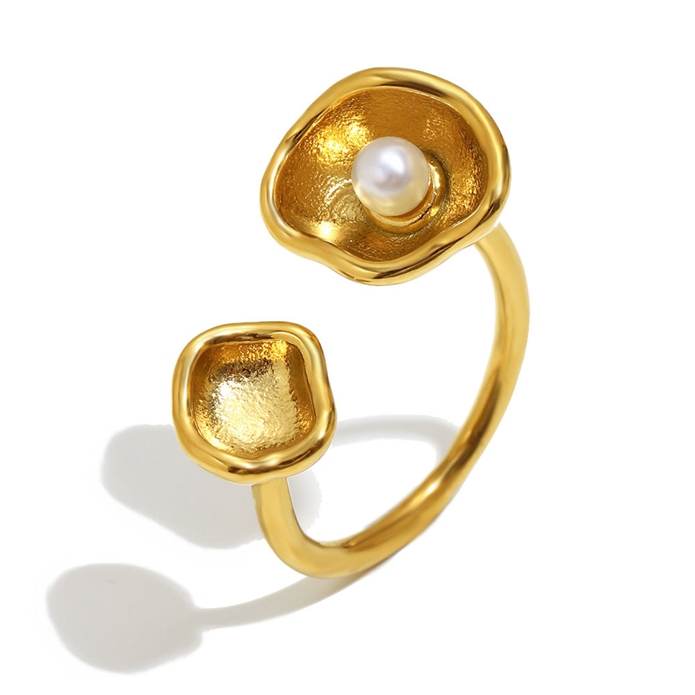 Anillo Abierto Geométrico Minimalista de Acero Inoxidable con Baño de Oro de 18K y Perlas para Mujer
