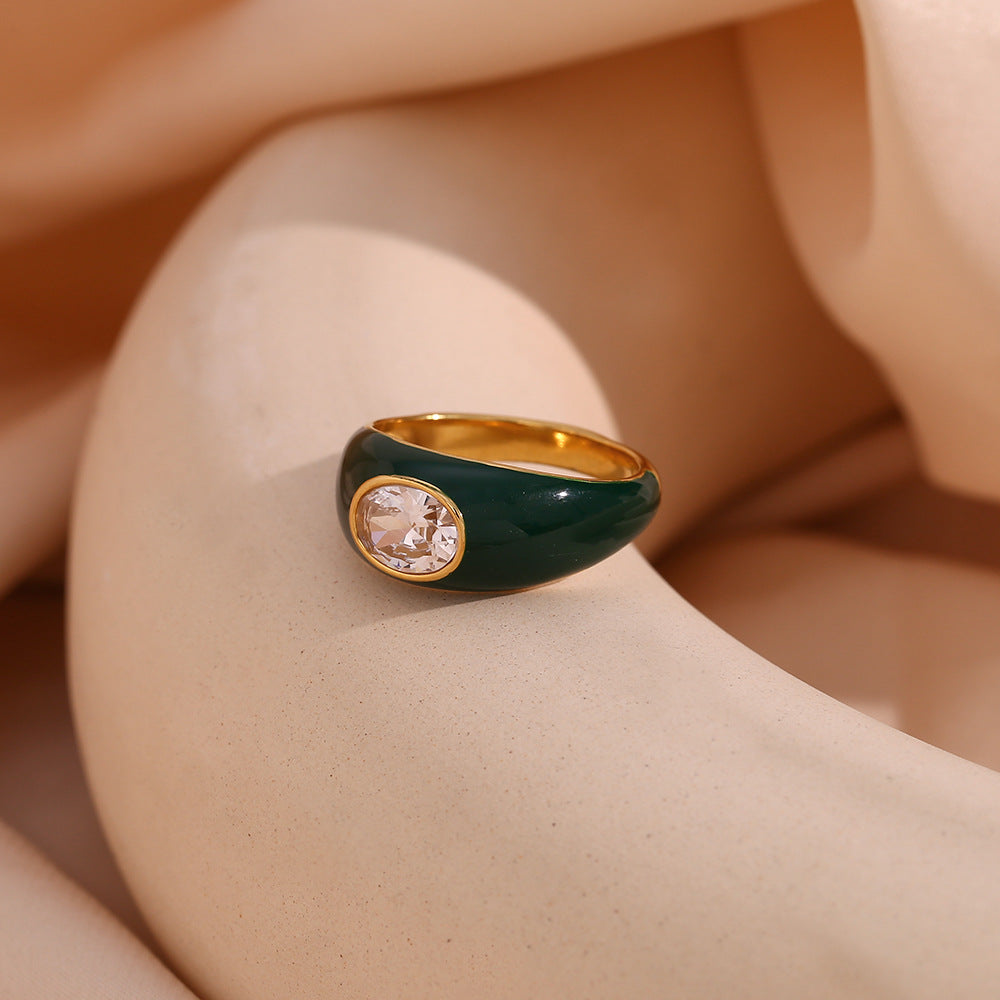 Vintage Style Oval-Shaped Titanium Steel Ring with 18K Gold Plating and Enamel Finish for Women