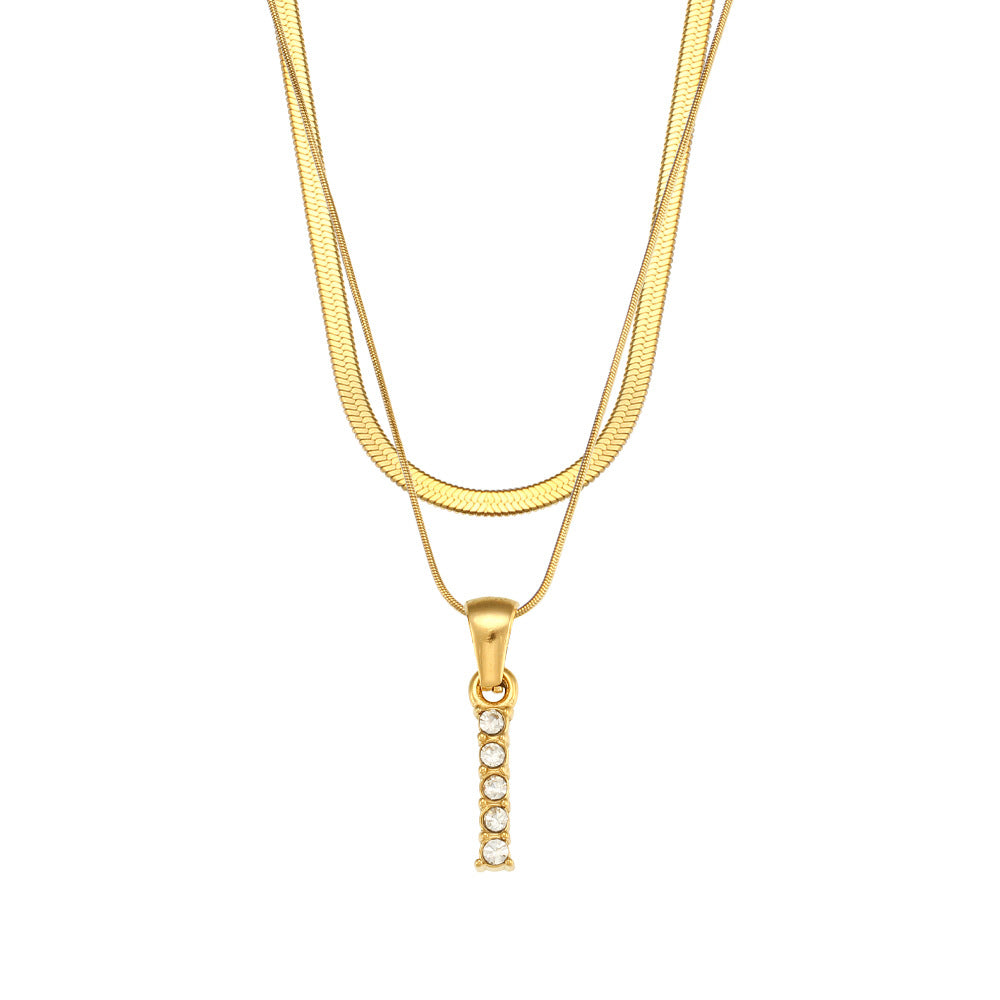 Fashionable Minimalist Letter Pendant Necklace in Stainless Steel with 18K Gold Plating and Cubic Zirconia on Double Snake Chain for Women