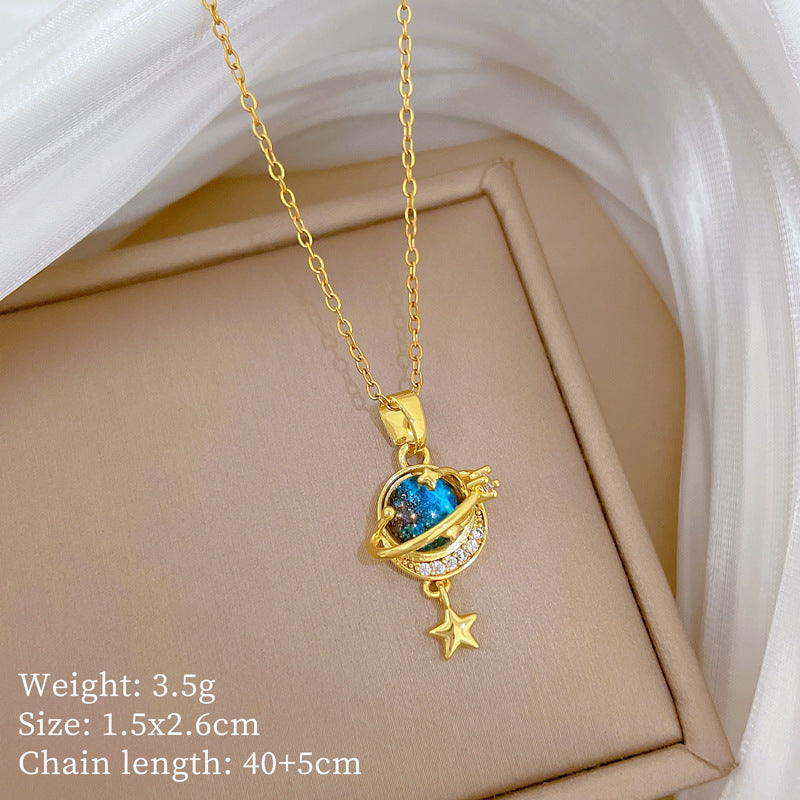 Geometric Moon Galaxy Starry Sky Stainless Steel Necklace for Women with Full Rhinestone Accents and Delicate Clavicle Chain