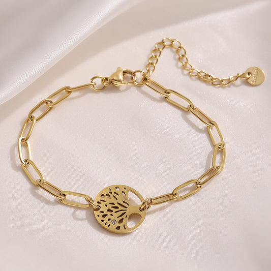 Pulsera Cruz Árbol de la Vida Geométrica Minimalista para Mujer en Acero Inoxidable con Baño de Oro de 18K