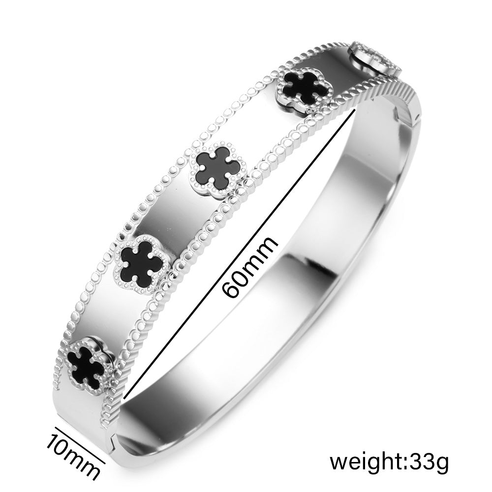 Bracciale Minimalista in Acciaio Inossidabile da Donna con Placcatura in Acciaio al Titanio e Intarsio di Strass a Forma Geometrica Ovale