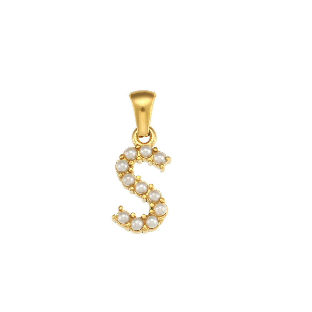 Minimalist Letter Pendant Necklace Stainless Steel with 18K Gold Plating Micro-Pave Zirconia and Pearl Accents