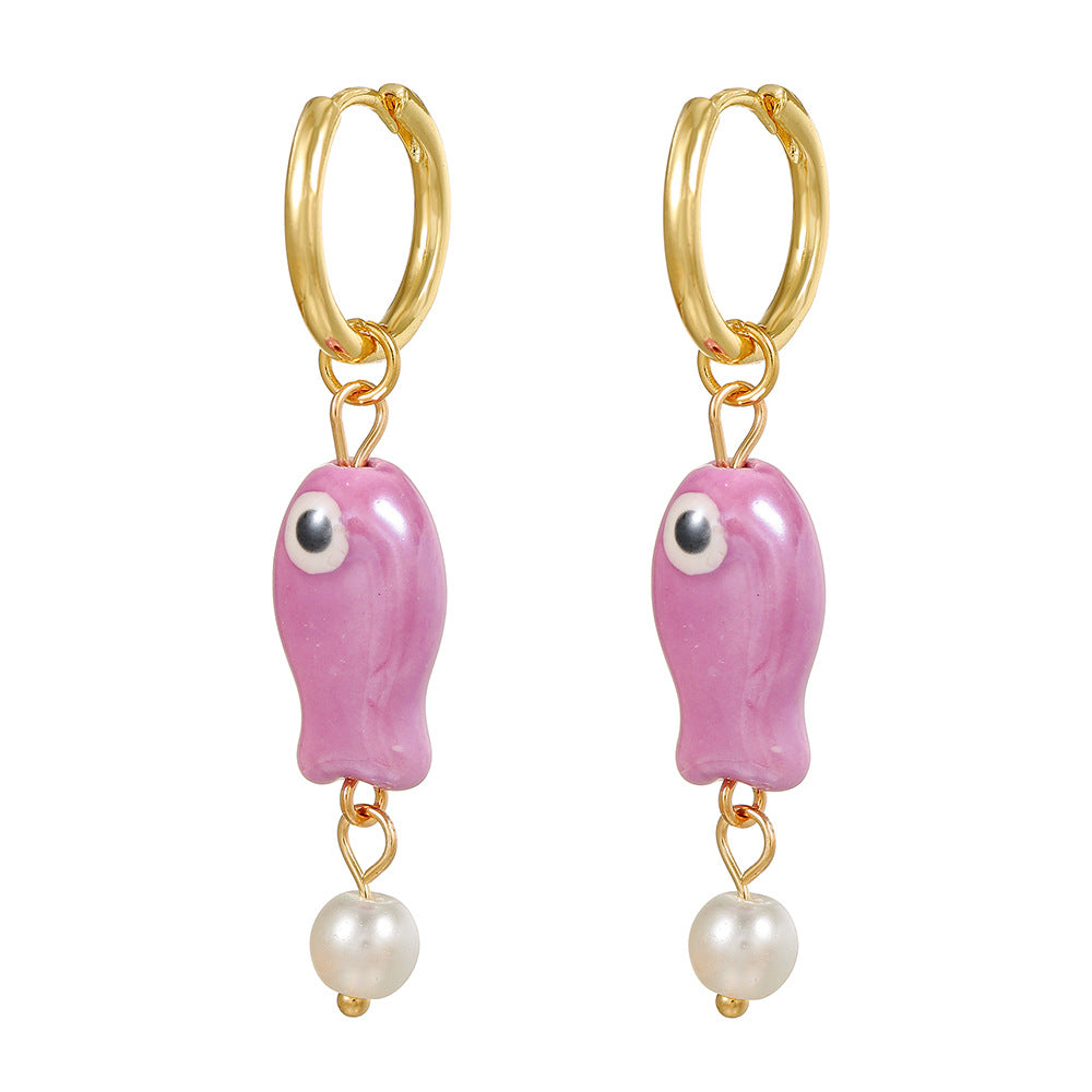 Cute Cartoon Fish Geometric Round Ceramic Brass Earrings for Women