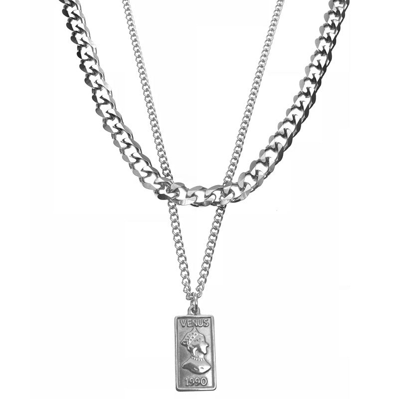 Collar Minimalista de Doble Capa con Cadena de Serpiente, Geométrico, de Acero de Titanio, Bañado, Unisex