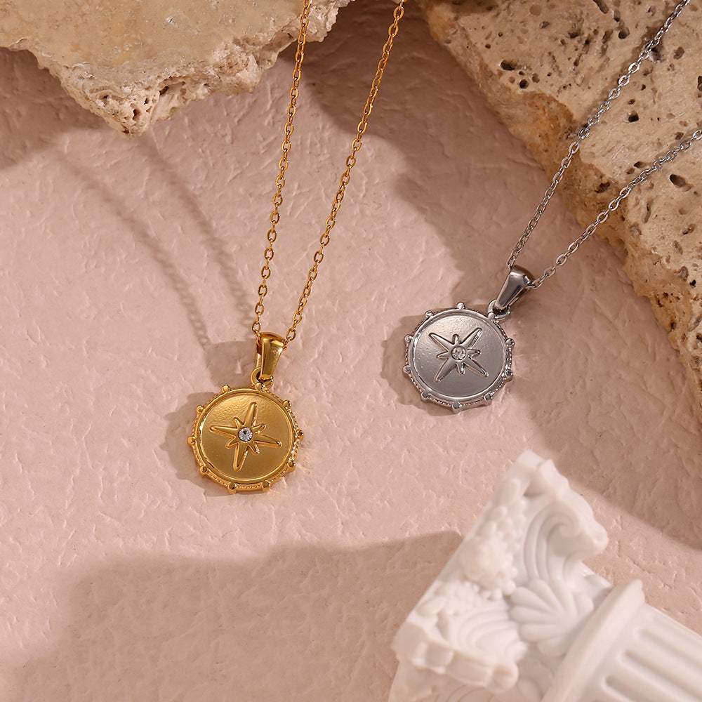 Minimalist Fashion Stainless Steel Octagram Round Nautical Compass Pendant Necklace for Women