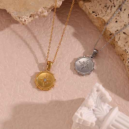 Minimalist Fashion Stainless Steel Octagram Round Nautical Compass Pendant Necklace for Women