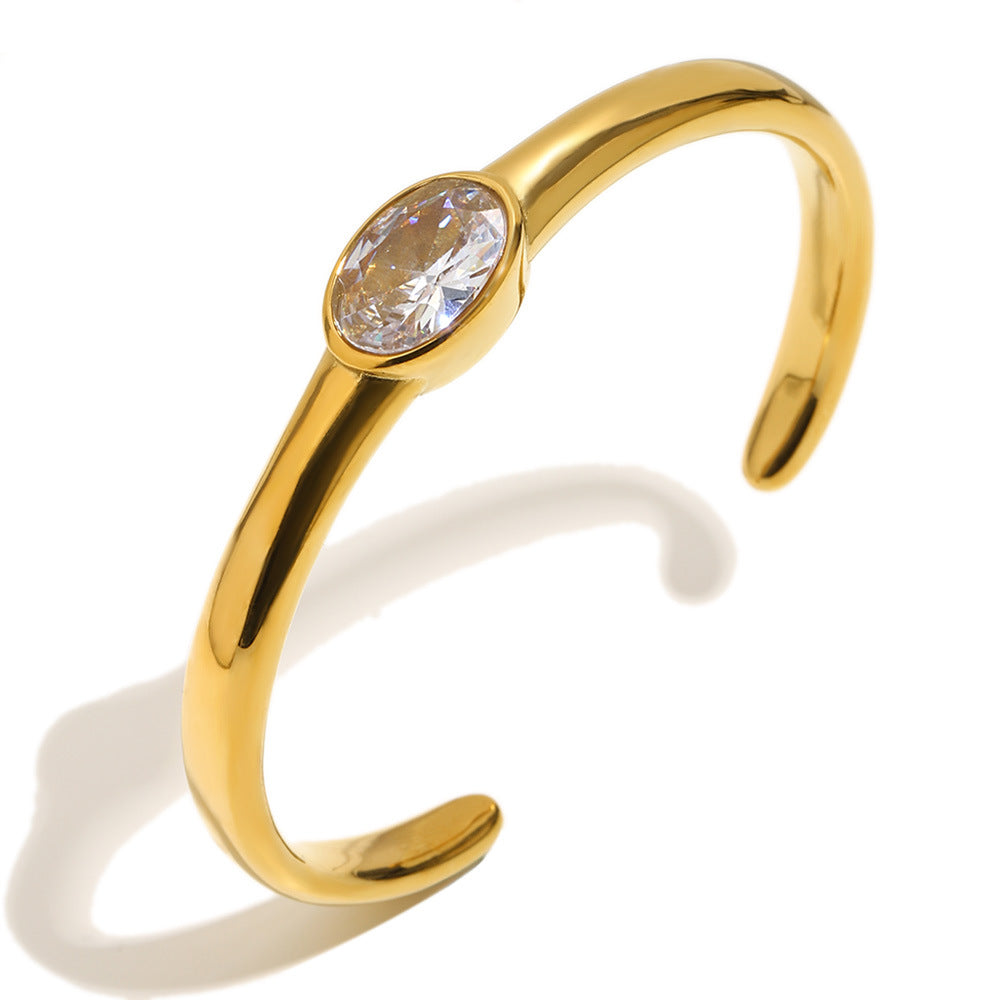 Elegant Minimalist Oval Geometric Stainless Steel Gold Plated Cubic Zirconia Bracelet for Women