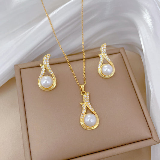 Luxury Sweet Geometric Titanium Steel Necklace and Earrings Set with Pearl and Rhinestone