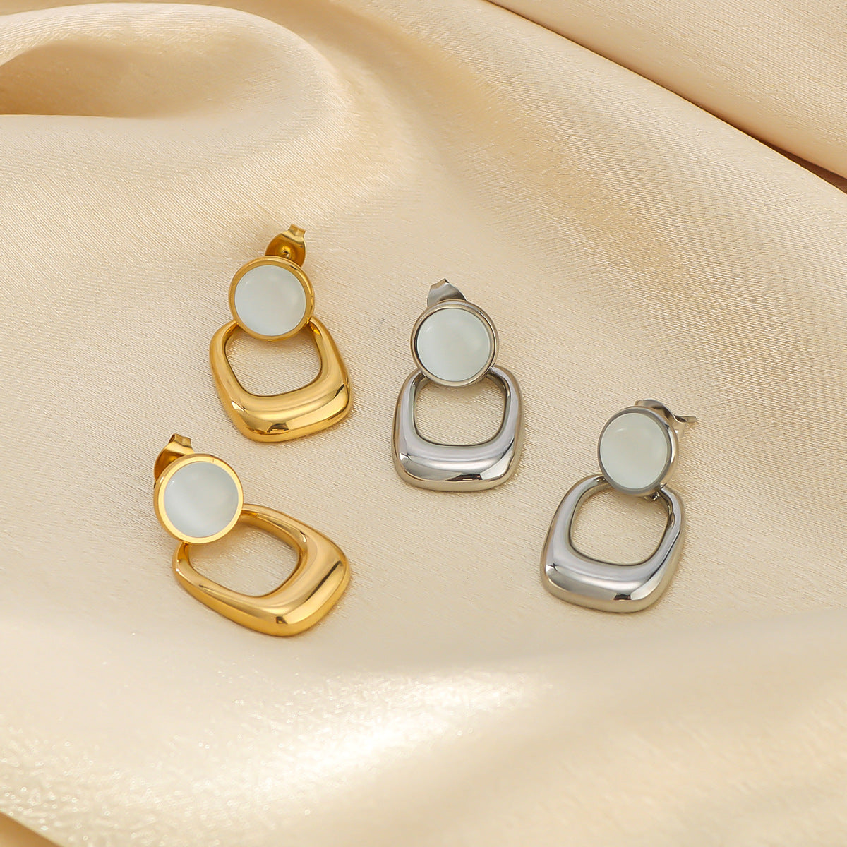 INS Style Geometric Cat's Eye Stone Pendant Earrings with 18K Gold Plated Stainless Steel and Ceramic Posts, Double-Hoop Design, Polished Finish