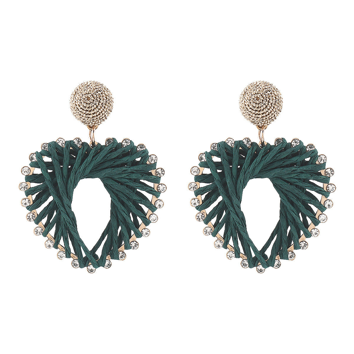 Orecchini Pendenti a Cuore in Rame Intrecciato Bohemien con Strass su Base in Lega