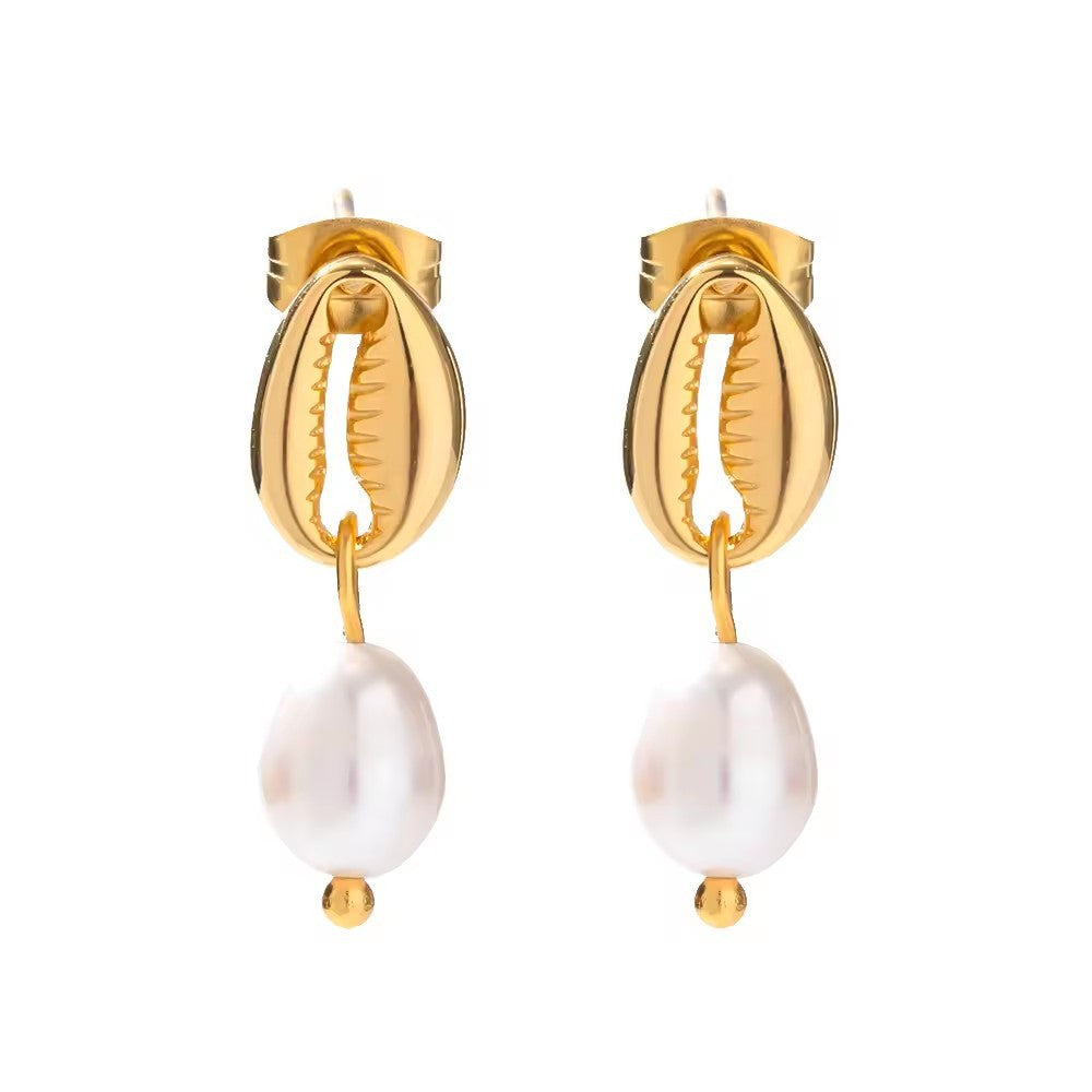 Pendientes colgantes de ginkgo de acero inoxidable chapado en oro de 18 quilates estilo Ins con perla de agua dulce para mujer