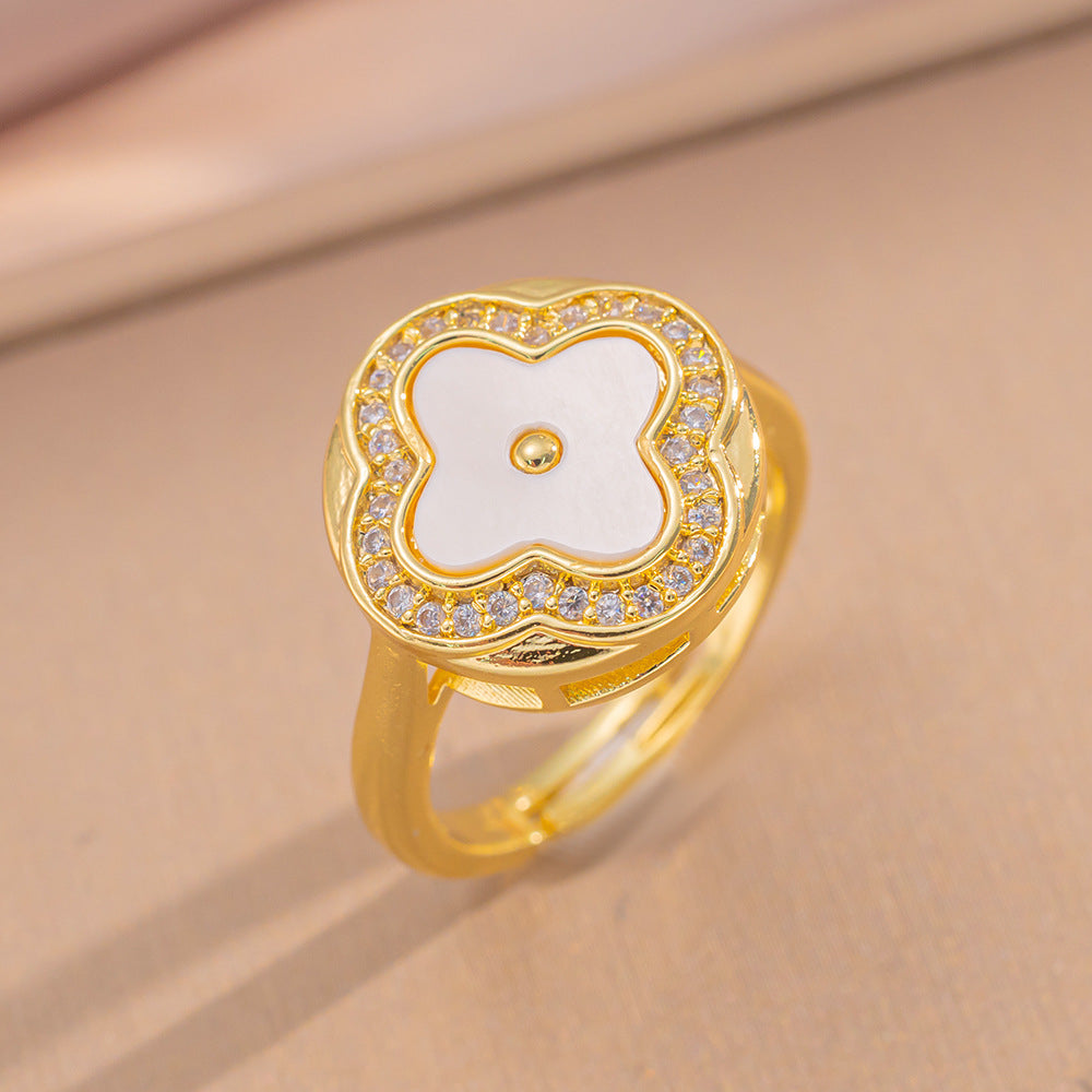 Luxury Minimalist Adjustable Open Ring for Women with Gold-Plated Copper Band and Zircon Stone Accent in Heart and Floral Shape