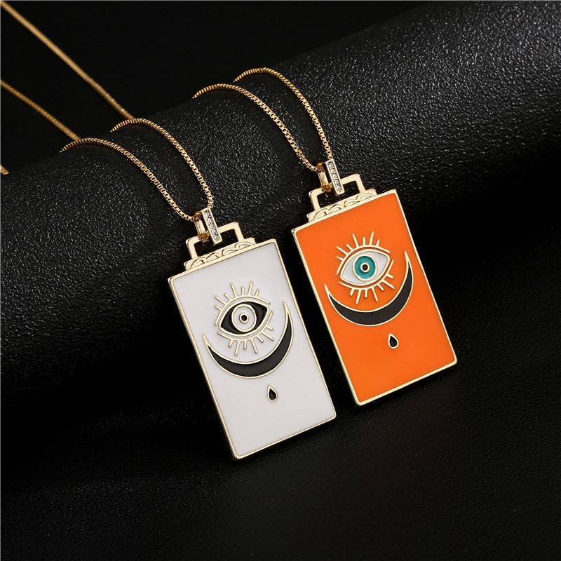 Geometric Moon Drip Oil Gold Plated Brass Necklace with Cubic Zirconia Pendant Box Chain for Women
