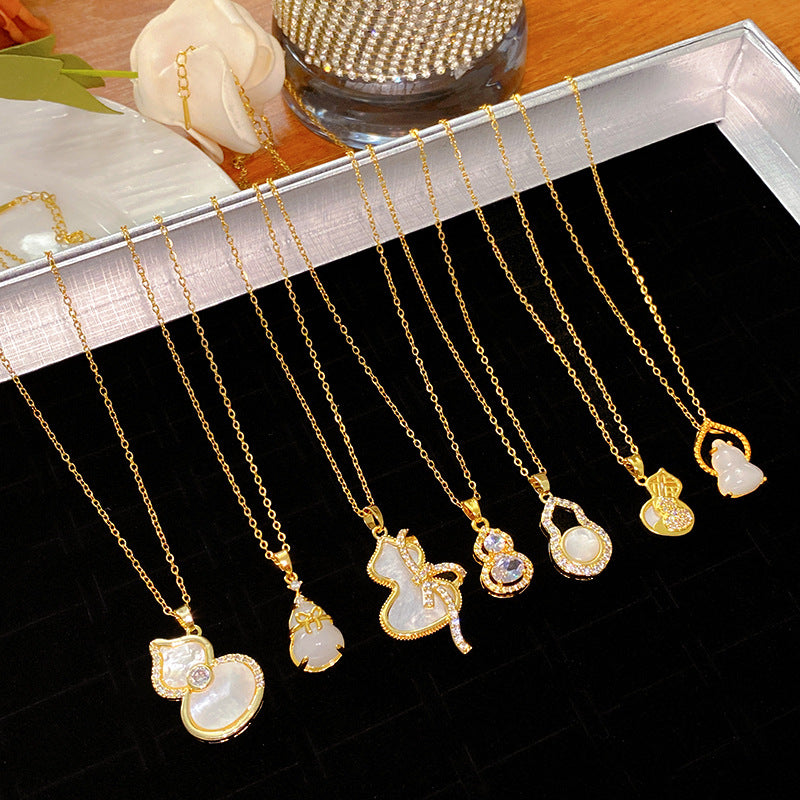 Sweet Minimalist Butterfly Cubic Zirconia & White Shell Gourd Pendant Titanium Steel Necklace for Women