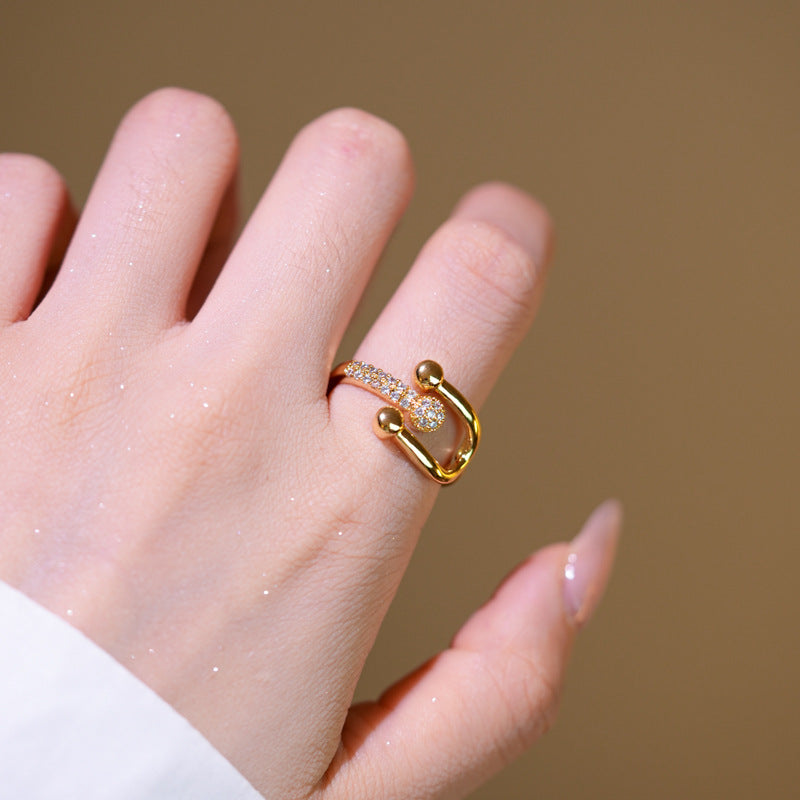 Minimalist Luxury U-Shaped Adjustable Horseshoe Ring in Copper with 18K Gold Plating and Micro-Pavé Zirconia