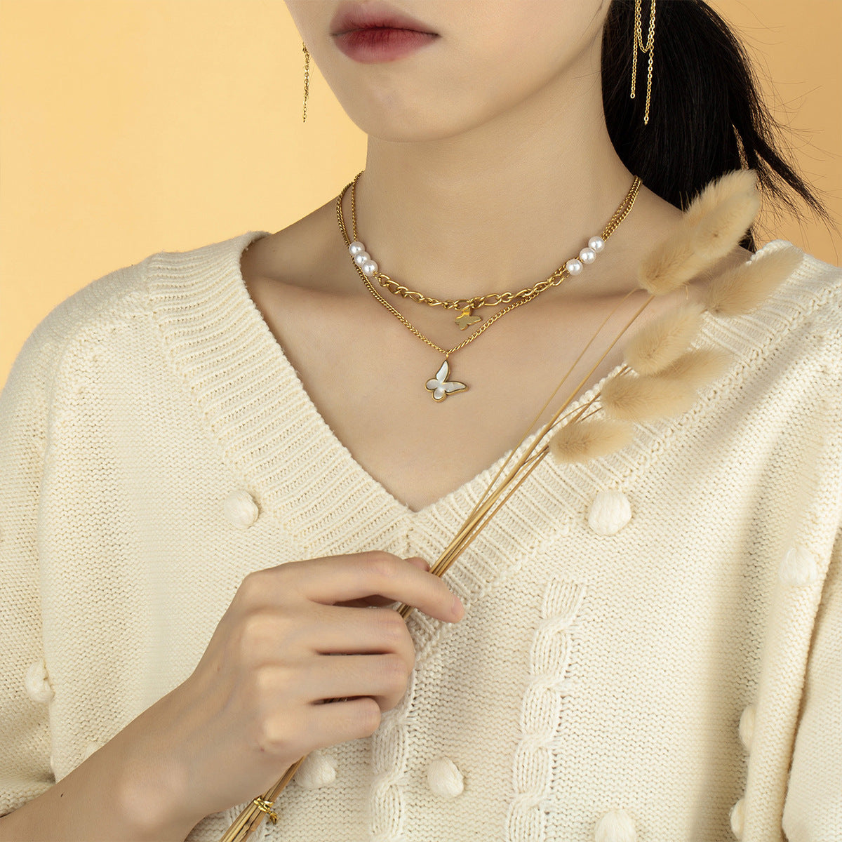 Original Design Butterfly and Heart Pendant Necklace for Women Titanium Steel Plated Delicate Clavicle Chain with Pearl Accents