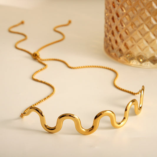 Minimalist 18K Gold Plated Stainless Steel Wave Geometric Water Chain Necklace for Women
