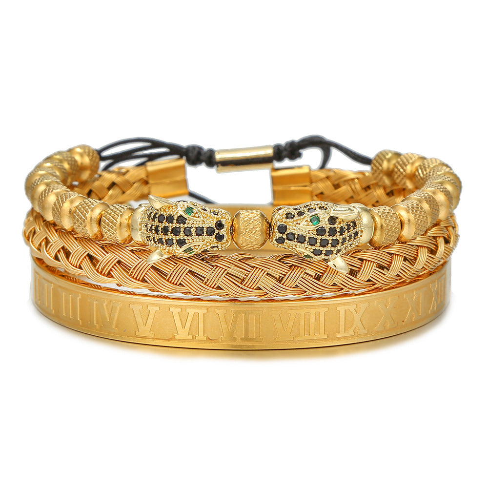 Vintage Brass Cubic Zirconia Leopard Head Woven Titanium Steel Bracelet Set for Men and Women