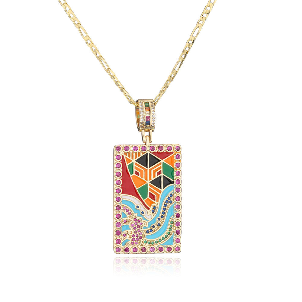 Collana con ciondolo geometrico in smalto dipinto a olio da donna in rame placcato oro 18 carati e intarsi in zirconi