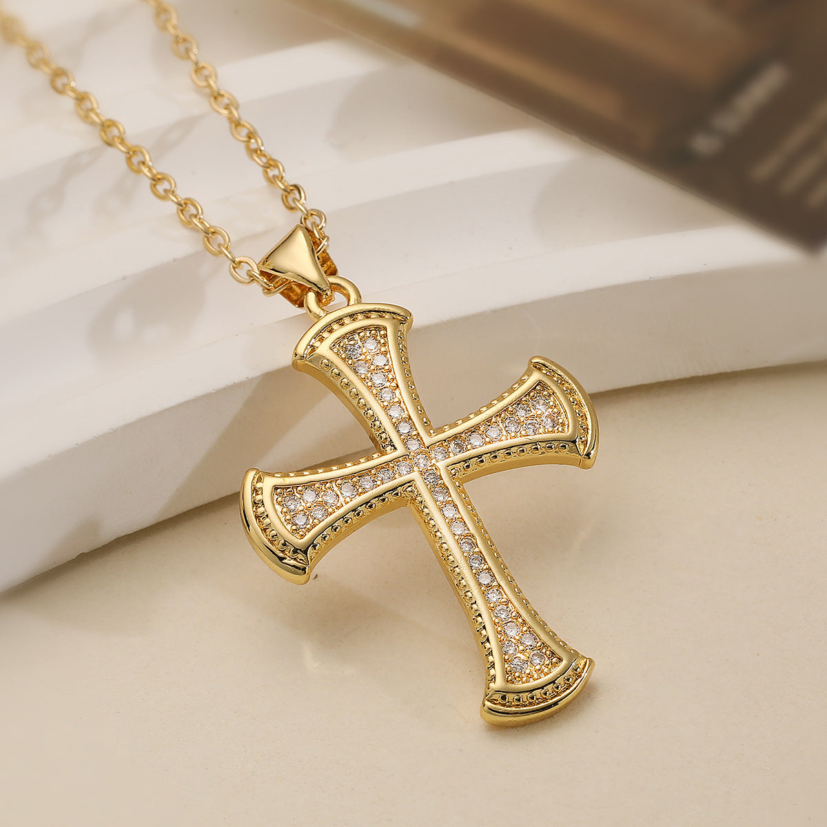 Minimalist Cross Pendant Necklace for Women with Copper Base Plated in 18K Gold and Zircon Inlay