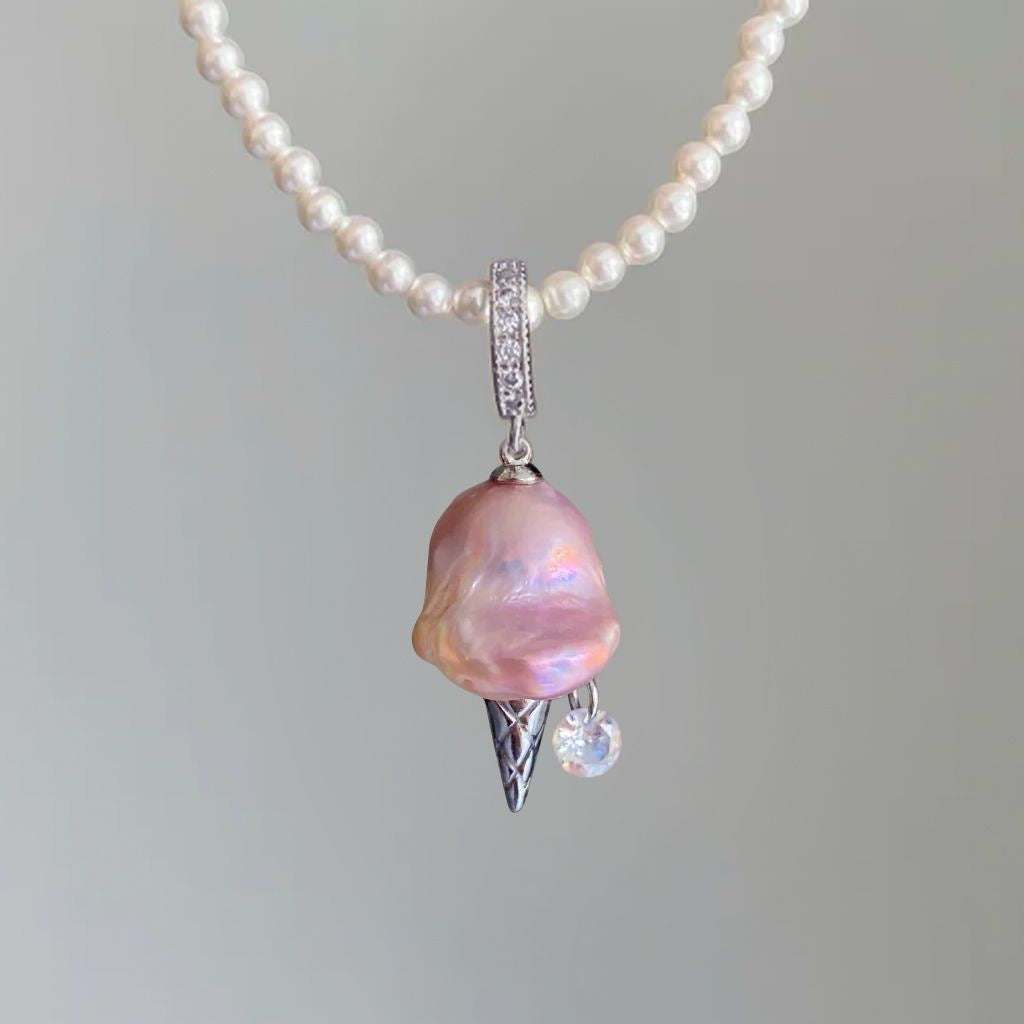 Cute Ice Cream Shaped Geometric Pendant Necklace for Women with Plated Copper Chain and Fresh Sweet Style