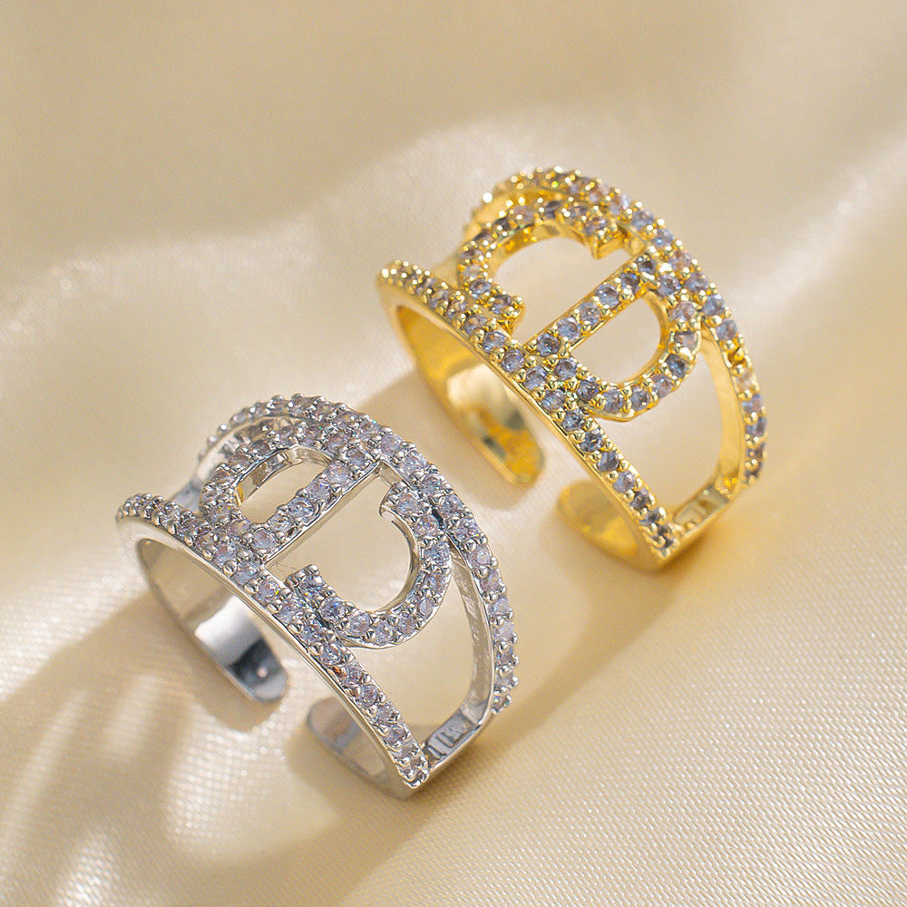 Fashionable Minimalist Geometric Open Adjustable Ring for Women with Cubic Zirconia Inlay on Gold-Plated Brass