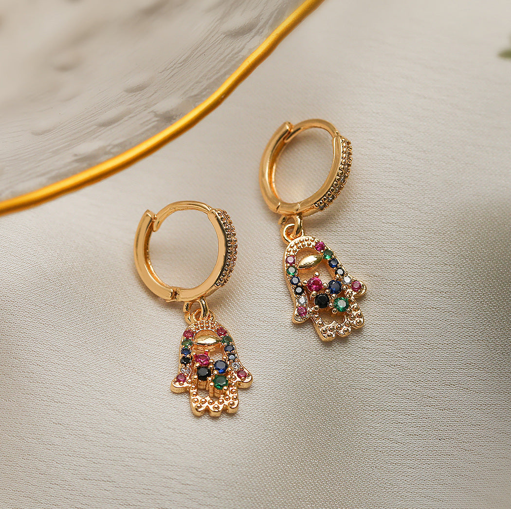 Minimalist Geometric Palm Tree Hand-Shaped Earrings in Brass with Real Gold Plating and Zircon Inlay