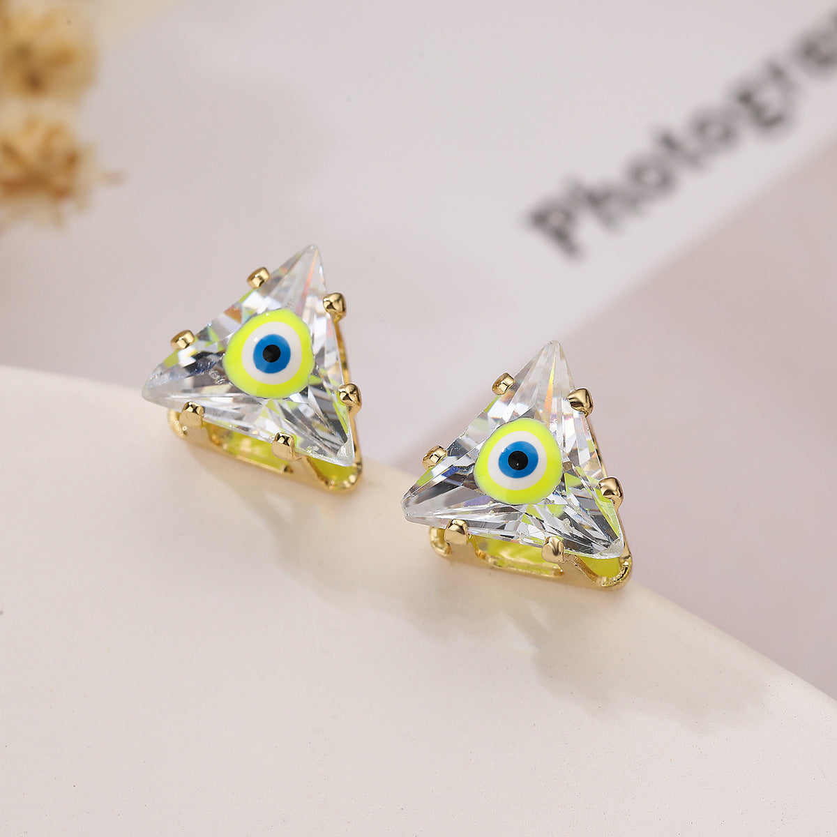 Minimalist Geometric Evil Eye Triangle Stud Earrings for Women in Brass with Micro-Pave Zirconia