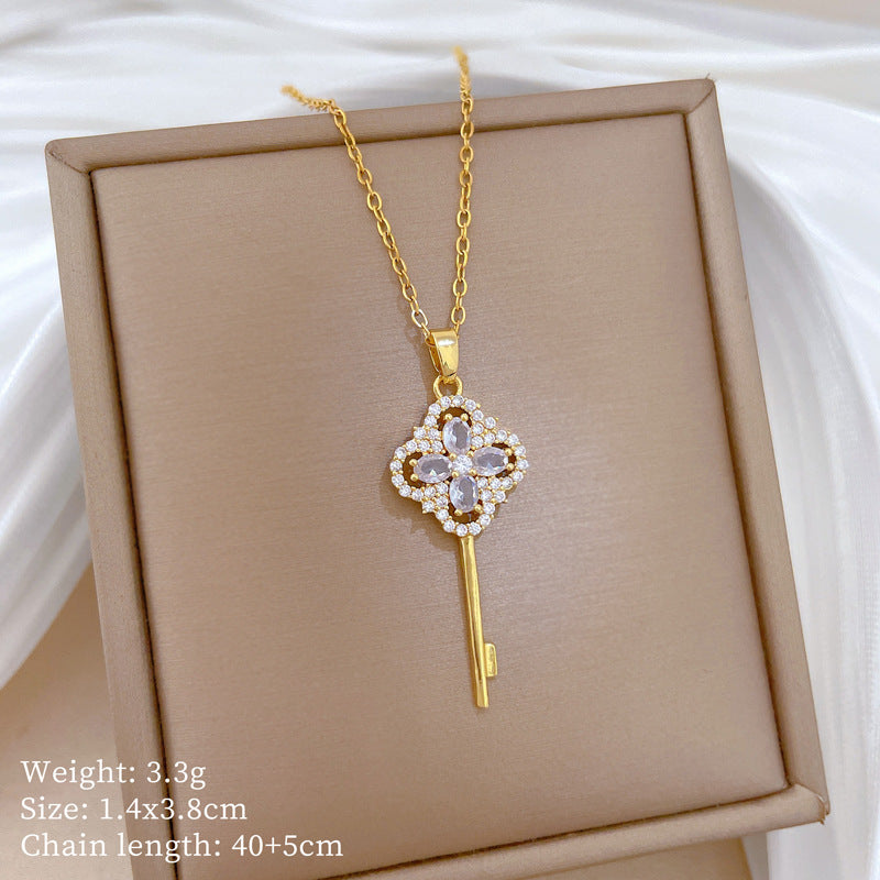 Sweet Minimalist Geometric Rhinestone Clover Key Pendant Titanium Steel Necklace for Unisex