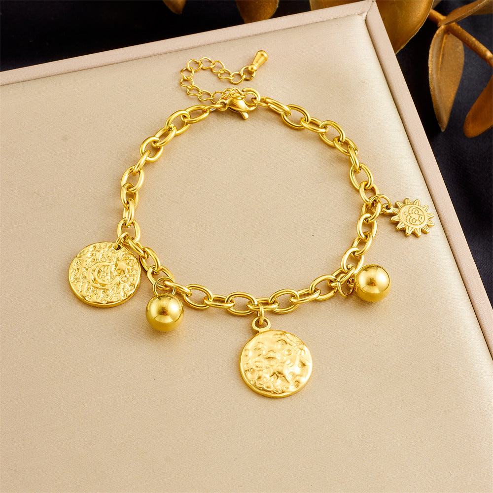 Bracciale Pendente Vintage Sole e Luna Irregolare con Catena in Acciaio Inossidabile e Finitura Placcata