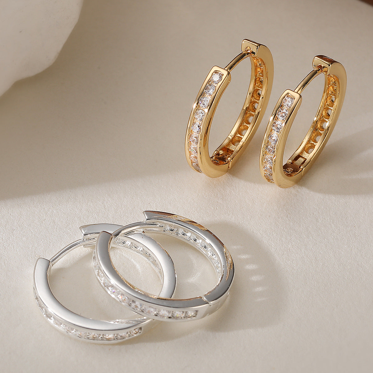 Minimalist Luxury Geometric Brass Plated Hoop Earrings with Cubic Zirconia for Women