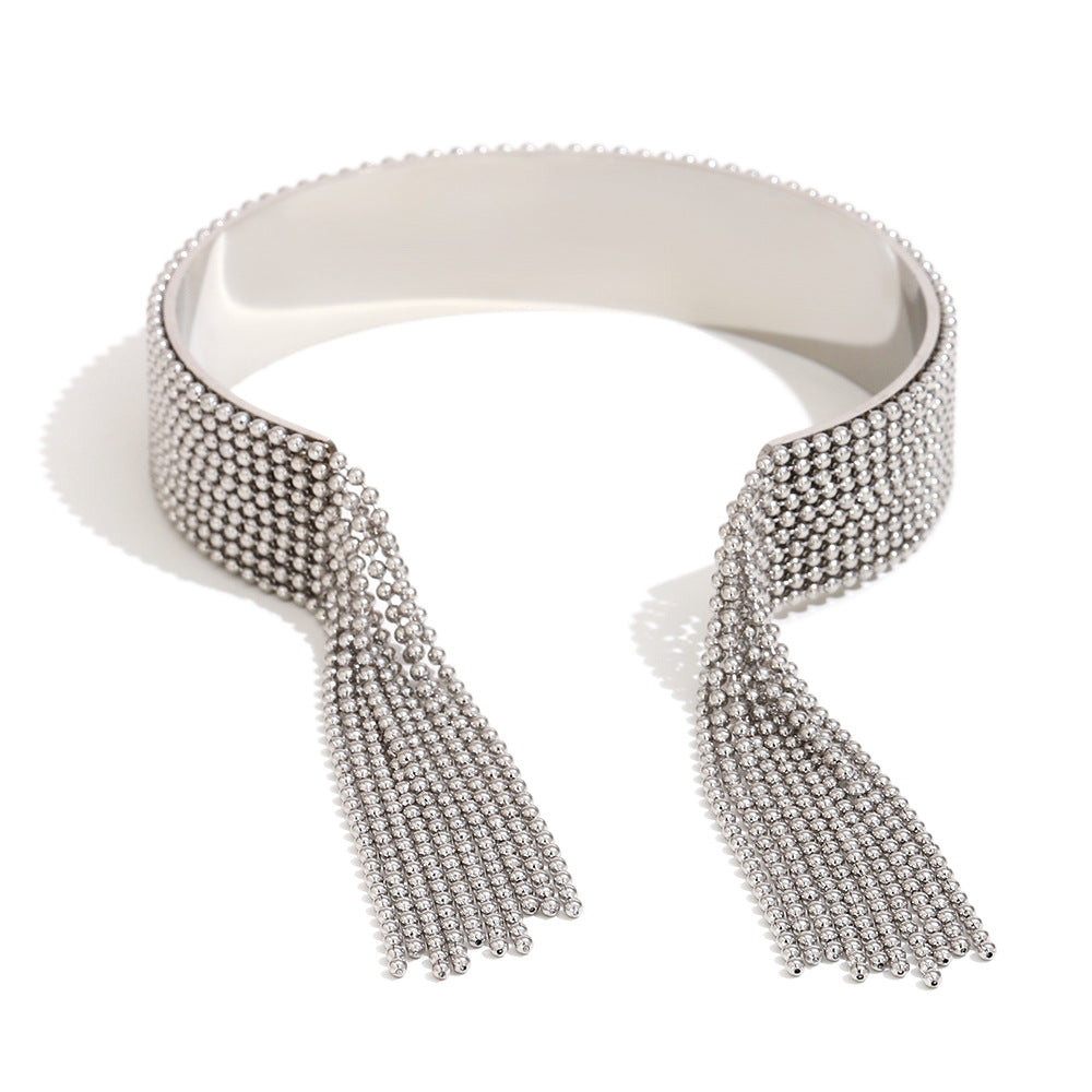 Minimalist Geometric Stainless Steel Plated 18K Gold Beaded Tassel Wide Cuff Bracelet for Women