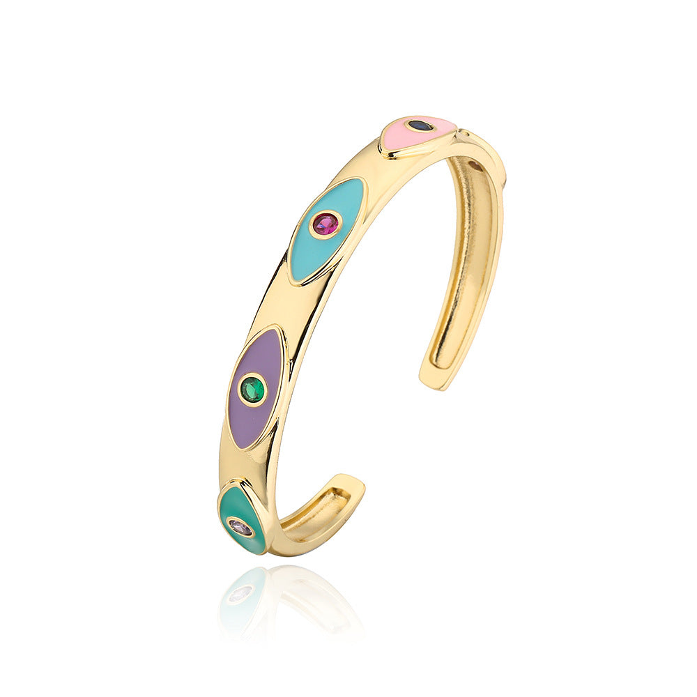 Bohemian Style Enamel Zircon Eye Bracelet for Women Copper Gold-Plated Open Bangle with Geometric Pattern