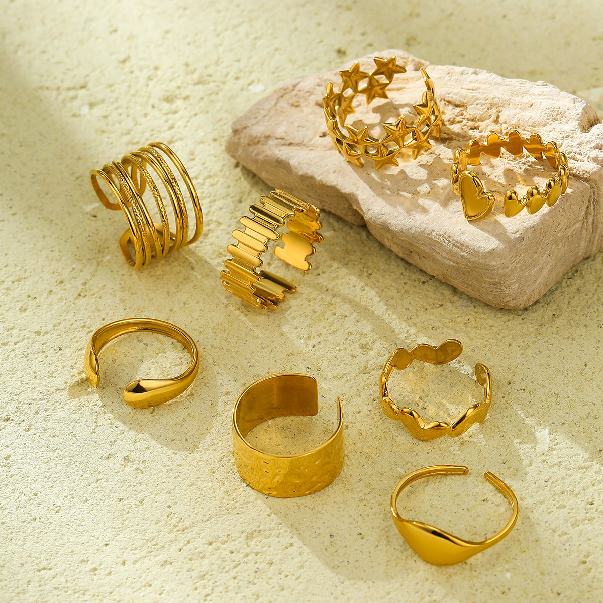 Anillo abierto minimalista geométrico irregular de acero inoxidable chapado en oro de 18 quilates para mujer