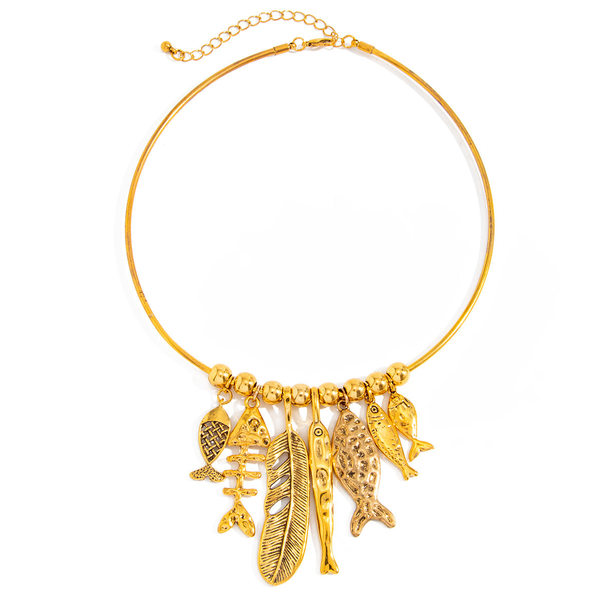 Vintage Geometric Fish Bone Pendant Zinc Alloy Brass Plated Ball Chain Choker Necklace