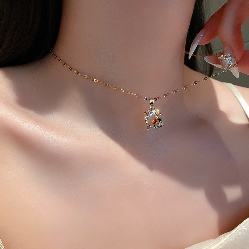 Cartoon Dolphin Pendant Necklace in Titanium Steel with Rhinestone Inlay, Polished and Plated, Fresh and Sweet Style for Women