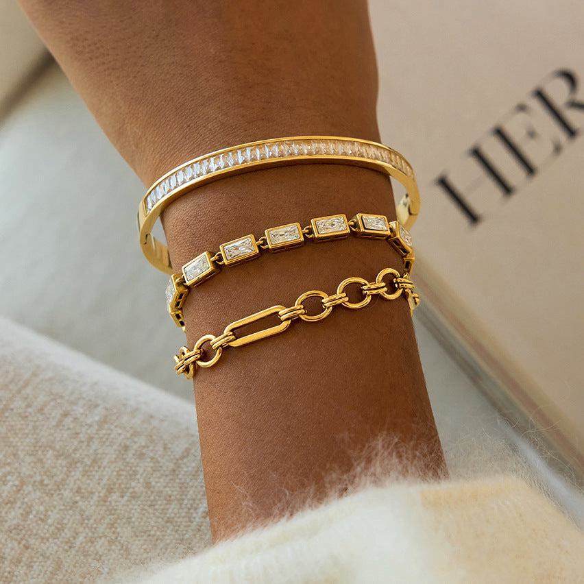 Pulsera de acero de titanio geométrica minimalista con incrustaciones de diamantes de imitación para mujer, joyería de lujo de acero inoxidable chapado hipoalergénico