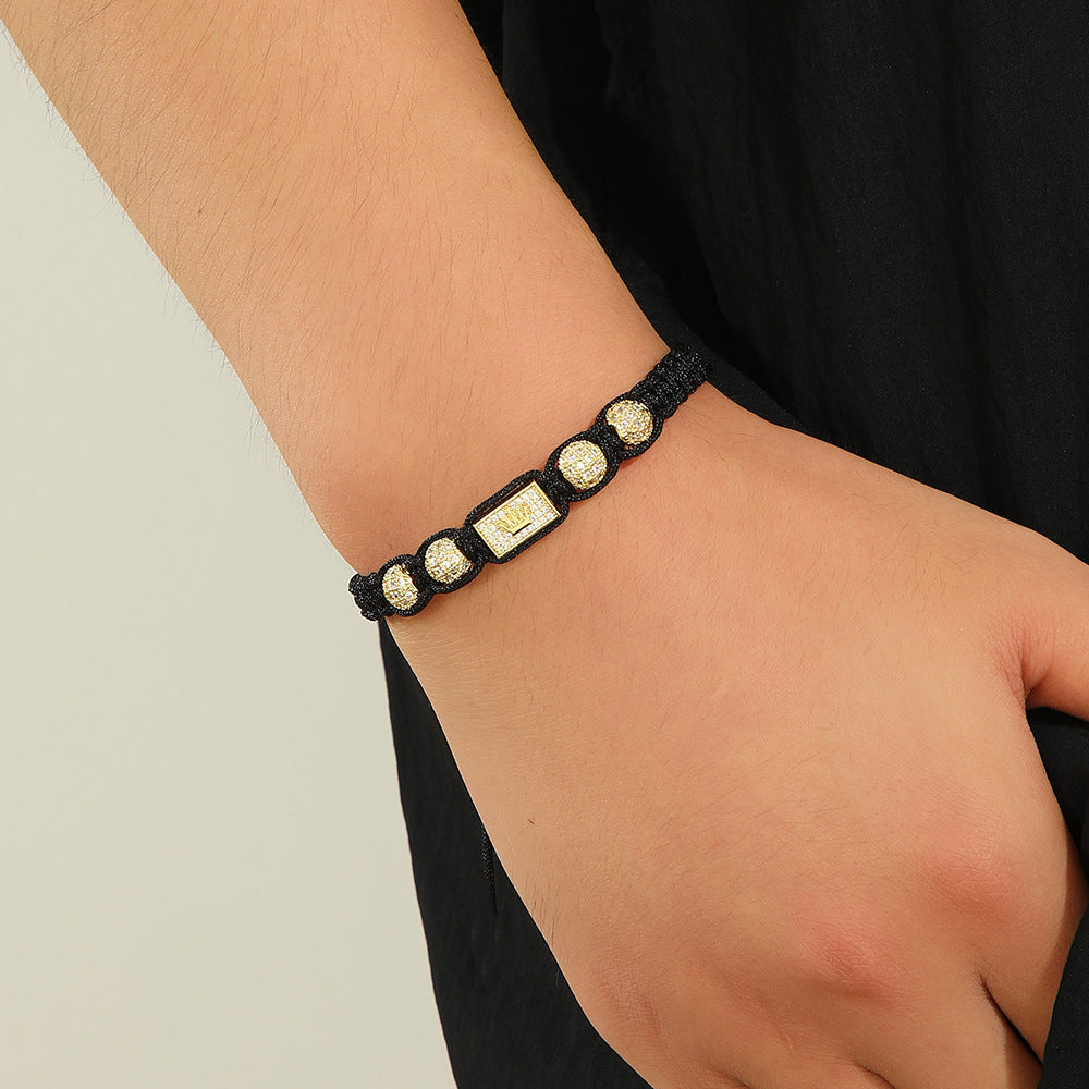 Personalized Gold Plated Brass Crown Inlaid Cubic Zirconia Braided Bracelet for Men and Women