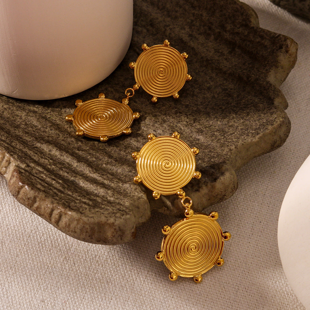 Minimalist Geometric Stainless Steel Plated 18K Gold Disc Pendant Earrings for Women with Asymmetrical Design